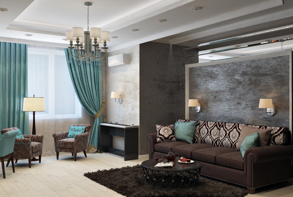 Home Luxurious modern living room with chandelier, sofa, armchairs, and stylish decor.
